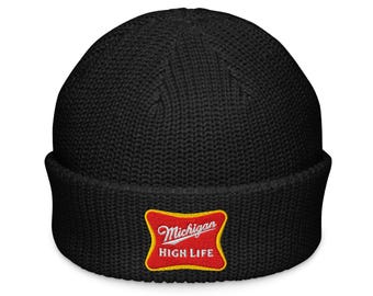 Michigan High Life Beanie | Fisherman Beanie Hat | Michigan Beer Parody | Winter Knit Cap | Michigan Cold Weather Hat