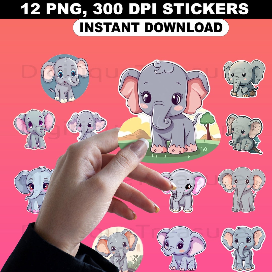 Cute Baby Elephant Stickers Pack of 12 Digital Printable Etsy