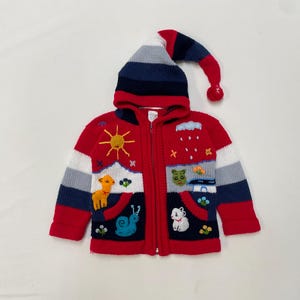 Kids Toddler Vintage Cute Animal Flower Embroidery Multicolour Peruvian Zip Up Hooded Knit Sweater / 12m 18m 24m 2T