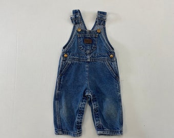 80s 90s Kids Toddler Baby Vintage Lee Lether Patched Blue Denim Overall 6m 9m 12m / Made in USA / 100% Cotton