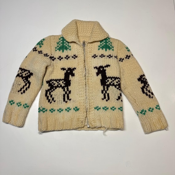 50s 60s Kids Toddler Vintage Beige Deer Lightning Zipper Cowichan 