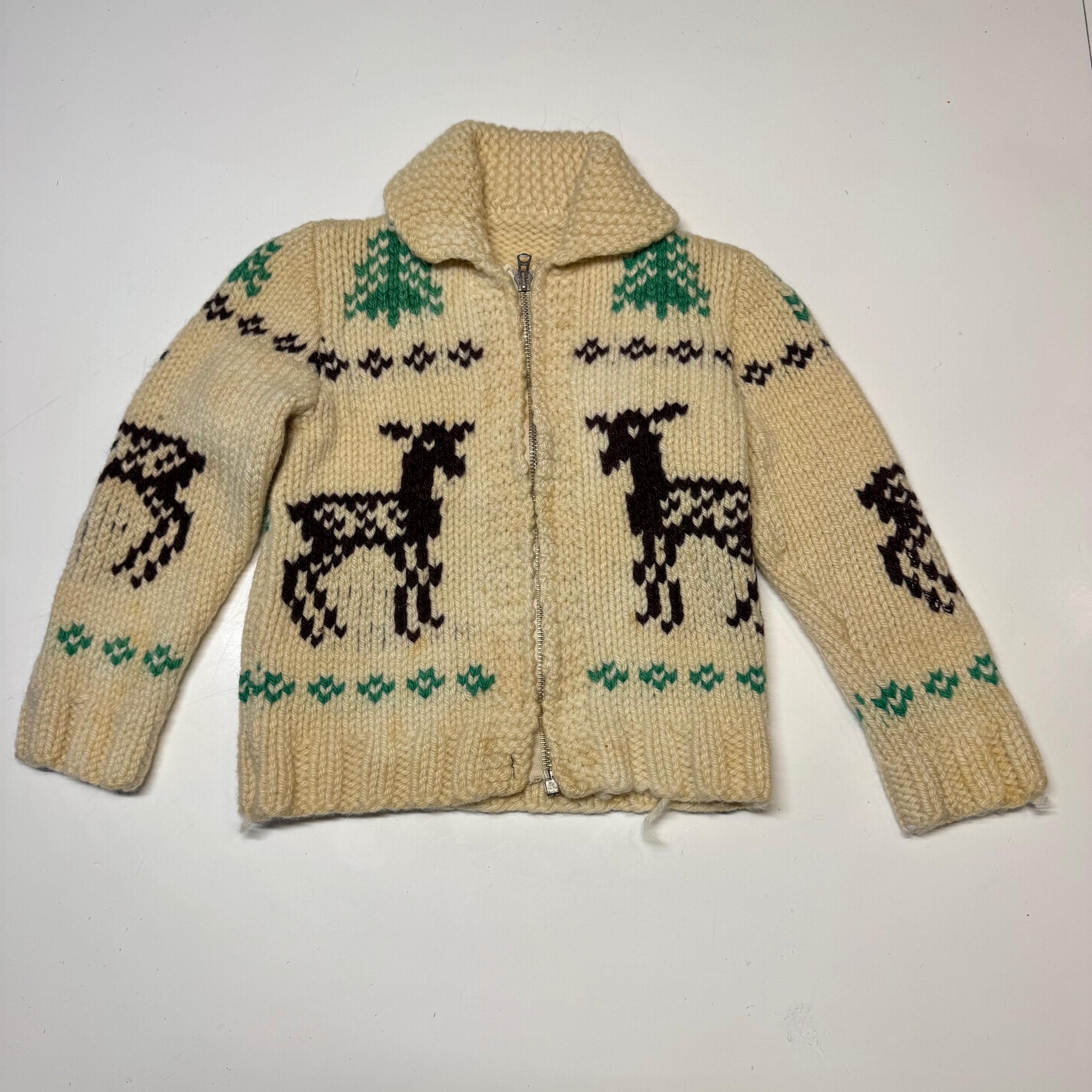 50s 60s Kids Toddler Vintage Beige Deer Lightning Zipper Cowichan 
