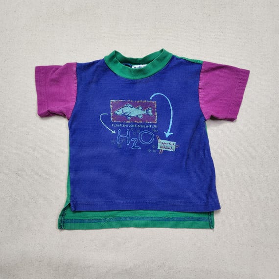Vintage 90s OshKosh B'Gosh Colorblock Ribbed T-Shirt 2T Fish H2O Graphic Blue Green Purple