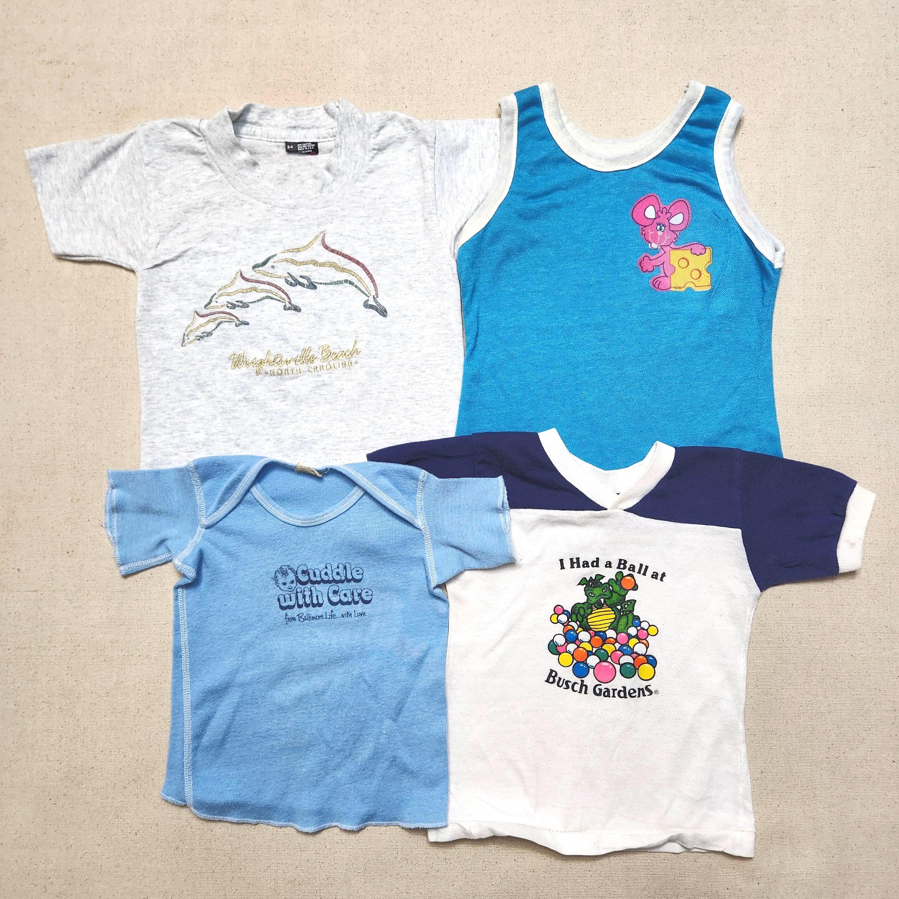 Lot of 4 / Kids Toddler Infant Vintage Dolphine Animal Cute Fun Print Halfsleeve Tshirt & Tank Top Wholesale Bundle / 12m 18m 24m 2T