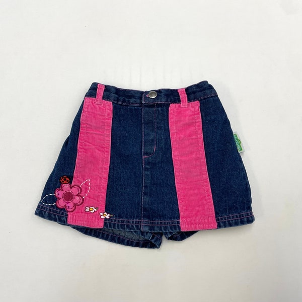 90s Y2K Early 2000’ Kids Toddler Vintage Sesame Street Corduroy Pacthwork Flower Point Denim Cullote Mini Skirt 2T 3T 4T / 100% Cotton