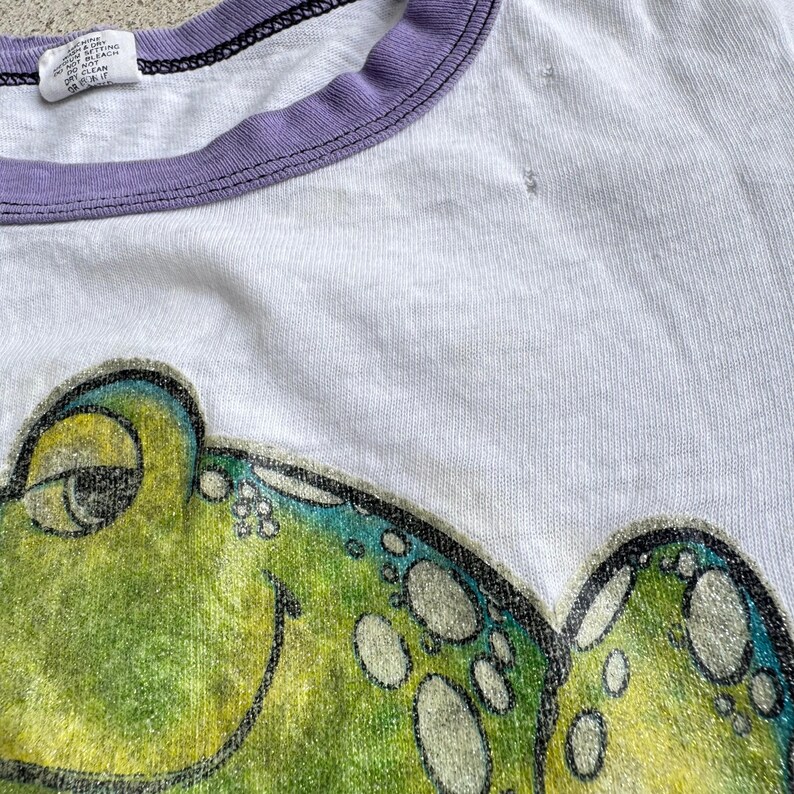 70s Kids Vintage Sparkly RIBET Frog Print Rangler T-Shirt M 7Y 8Y 9Y Baby Tee Made In USA