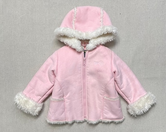 2000’ Kids Toddler Vintage Oshkosh Bgosh Cute Pastel Full Zip Up Pink Sherpa Lined Suade Hooded Winter Jacket / 2T 3T