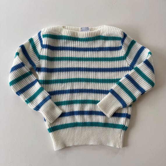 Vintage 90s Jayco Striped Sweater | Teal Blue Nautical Knit Pullover | Size 7/8