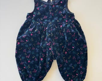 Macacão vintage Elvira Vali Canada para bebê menina, em veludo floral, tamanho 6 meses | Macacão de veludo floral azul marinho