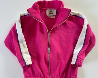 Vintage rosa träningsjacka för barn, storlek 3, 80-90-tals Teddy's Choice-tröja med dragkedja, retro ytterkläder för småbarn, tillverkad i Kanada