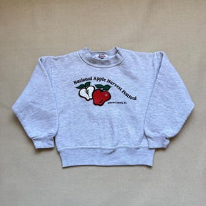 May include: A heather gray sweatshirt with a crew neck and ribbed cuffs and hem. The front features a graphic of two apples, one red and one white, with the text "National Apple Harvest Festival" and "Adams County, PA."
