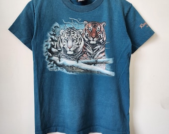 Vintage 90s Rainforest Cafe Tiger T Shirt Teal Graphic Signal Sport 7-9y