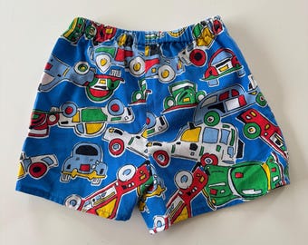 Vintage 90s Kids Car Print Shorts | Size 2T 3T | Retro Blue Novelty Transportation Toddler Shorts | Funky Colorful Summer Bottoms