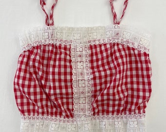 80s Youth Vintage Gingham Check Lace Tube Top 8-10y