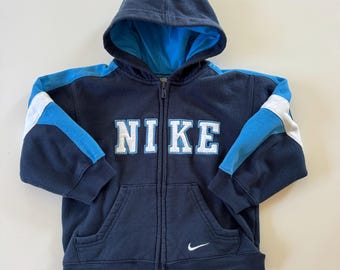 Vintage Nike Full Zip Hoodie Barn Storlek 4 Blå Marinblå Vit Sporttröja med Träningströja