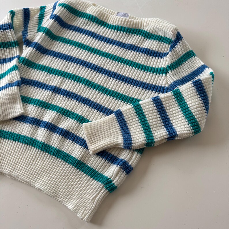 Vintage 90s Jayco Striped Sweater | Teal Blue Nautical Knit Pullover | Size 7/8 image 2