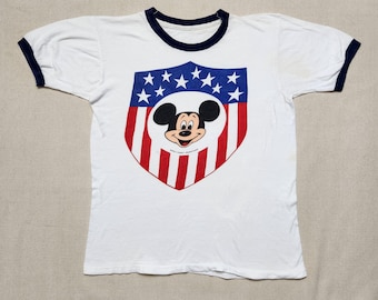 Vintage Mickey Mouse Ringer T-shirt, American Flag Shield Print (S/M)