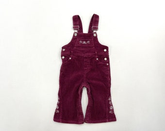 90s Y2K Early 2000’ Kids Toddler Vintage Flower Embroidery Corduroy Flare Overall Burgundy 12m 18m