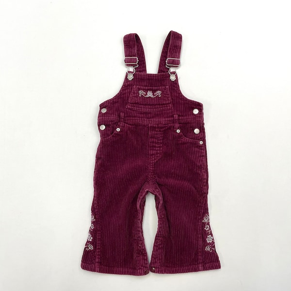 90s Y2K Early 2000’ Kids Toddler Vintage Flower Embroidery Corduroy Flare Overall Burgundy 12m 18m