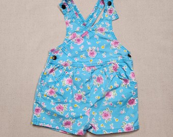 Vintage 90s OshKosh Bgosh Floral Shortall Toddler 2-4y Turquoise Pink Roses Made in USA