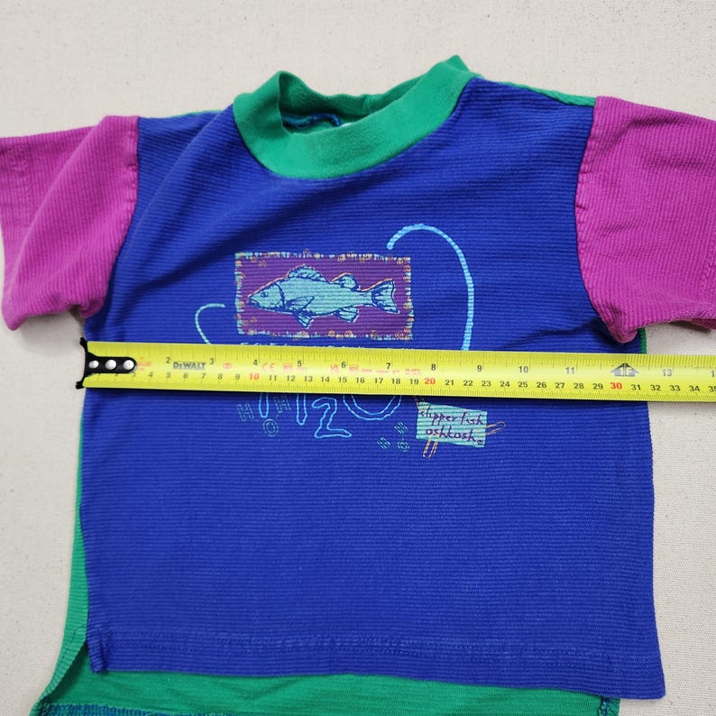 May include: A blue, green, and purple short-sleeved shirt with a fish graphic. The shirt has a green collar and hem, purple sleeves, and a fish illustration on the front. Text on the shirt reads "How 12" and "shipper fish oshkosh".