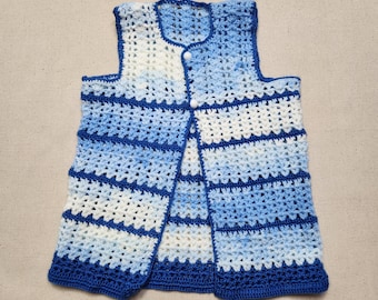 Vintage Crochet Toddler Vest Blue White Striped Sleeveless Kids Sweater Boho Handmade Waistcoat