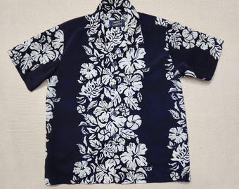 Vintage Kids Hawaiian Shirt: Pineapple Connection, Navy Hibiscus Print