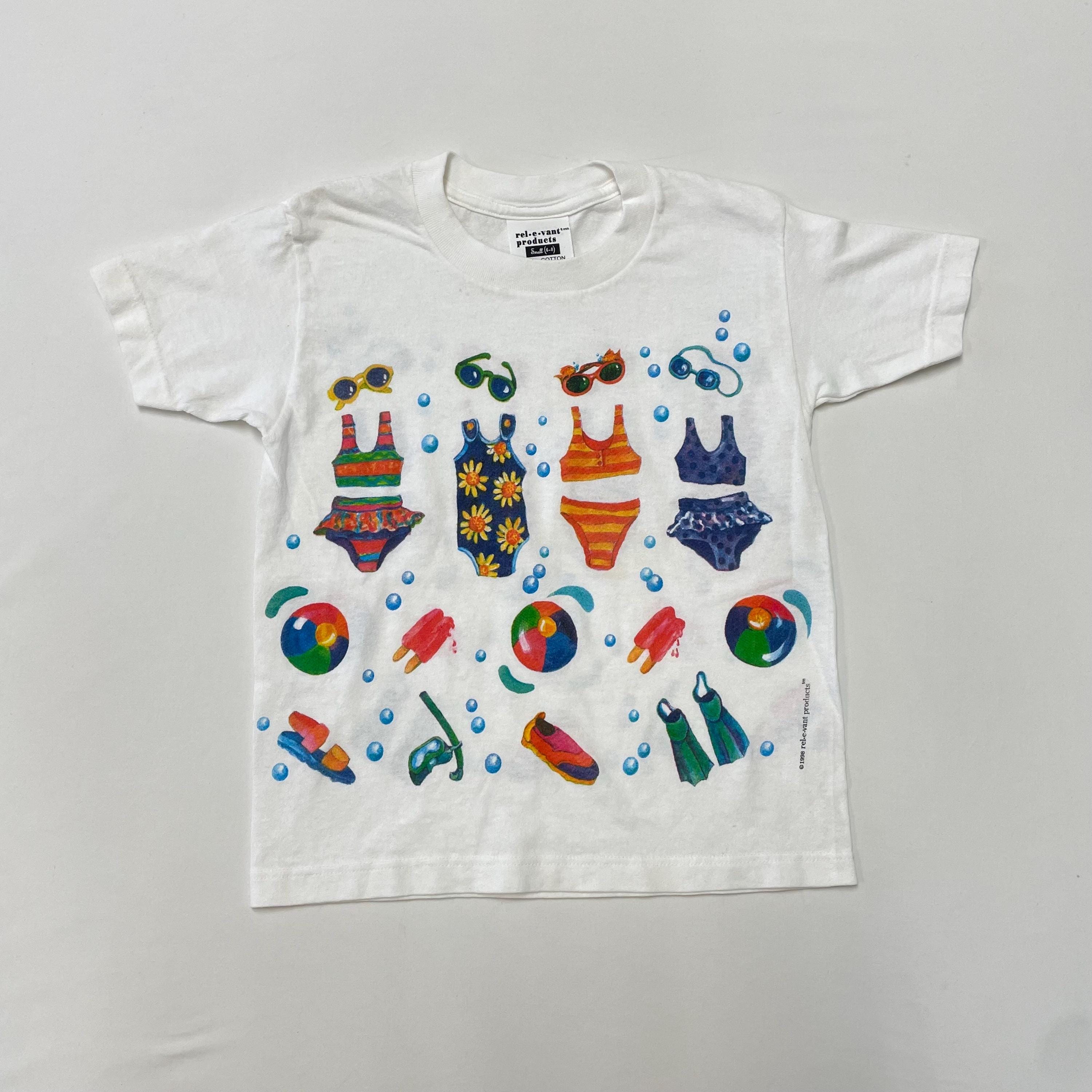 1998 90s Kids Toddler Vintage Bikini Bathing Suits Pool Gears Summer Fun Cute Double Sided Print White Tshirt / 5y 6y 7y 8y / 100% Cotton