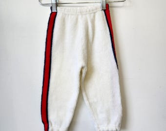 Vintage 70s White Terry Cloth Sweatpants Red Navy Side Stripe Toddler Joggers 18M-2T