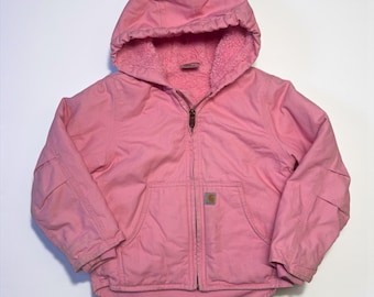 2000s Kids Vintage Pink Carhartt Zip Hooded Fleece Lined Jacket XS 6Y