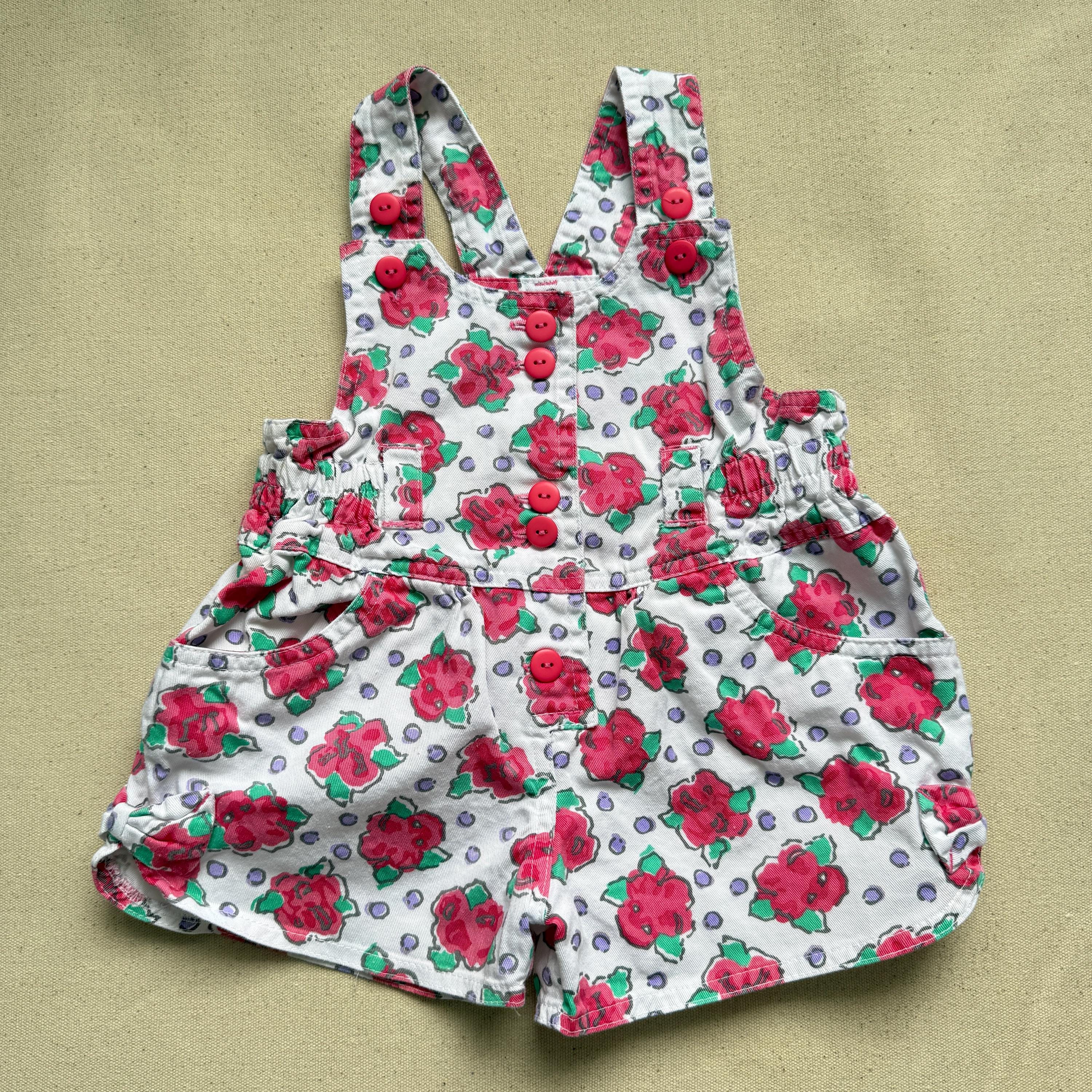 Vintage 90s Okie Dokie Floral Shorts Overalls 3T Cotton White Pink 