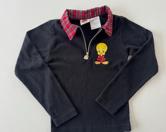 Vintage Y2K Tweety Bird Ribbad Skjorta – Rutig Krage, Hjärtformad Dragkedja (Storlek 6X)