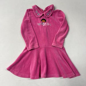 May include: A long-sleeved pink velvet dress featuring a rounded collar with embroidered white and purple flowers. The chest area displays an embroidered graphic of the character Dora the Explorer surrounded by additional floral embroidery.