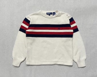 90s Kids Youth Vintage Polo by Ralph Lauren Red Navy Stripe Small Logo Rugby Football Style Cotton Sweater / 6y 7y 8y / 100% Cotton