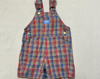 90s Kids Toddler Vintage Oshkosh Bgosh Brown Plaid Cotton Shortall / 2T 3T