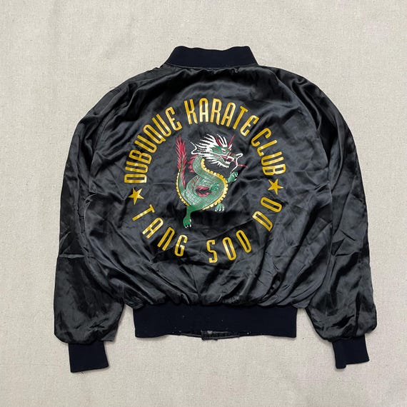 70s 80s Youth Vintage Karate Club Dragon Print Black Satin