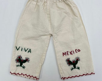 Kids Vintage Hand Embroidered Viva Mexico Cotton Pants 1-2y