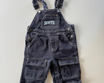 Vintage Roots Jeans Kids Overalls 18-24M | Dark Wash Cotton Denim Coveralls | Gingham Lining Cargo Pockets | Retro Kidcore Aesthetic Baby