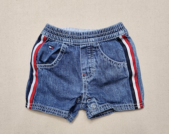 Vintage 90s Tommy Hilfiger Baby Denim Shorts Flag Logo Striped Side Red White Blue 6-12m