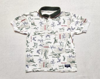 90s 2000' Kids Toddler Vintage Oshkosh Bgosh Aircraft Troop Carrier Helicopter AOP Pullover Polo Halfsleeve Top 3T 4T 5T