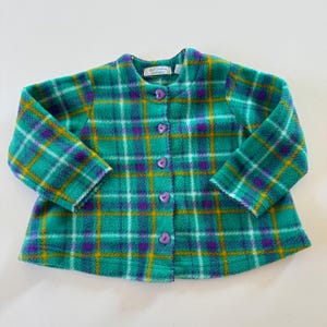 Vintage Lord & Taylor Plaid Fleece Jacket 24M Green Purple Kidcore Heart Buttons | Vintage Kids Small Creations Fleece Cardigan Coat 24 Mon