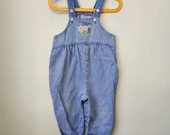 Vintage 90s Healthtex Baby Denim Romper Embroidered Bee Daisy Overalls 18 Months Light Wash