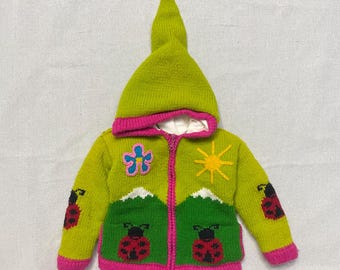 Chaqueta de punto ecuatoriana con bolsillos, diseño vintage de flores, sol y mariquita, bordada a mano, con cremallera completa y forro, para niños de 3, 4 y 5 años