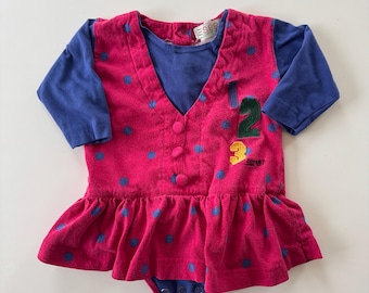 Vintage Esprit Baby Girls 12M Dress Romper Magenta Polka Dot Long Sleeve 123 Patch 100% Cotton 90s Kidswear