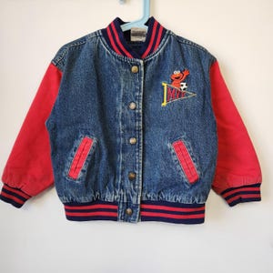 Vintage 90s Sesame Street Elmo MVP Varsity Denim Bomber Jacket Kids 3/4T