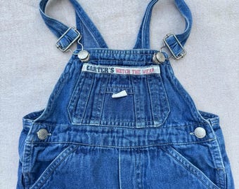 2000s Kids Toddler Baby Vintage Carter’s Watch the Gear 100% Cotton Dark Denim Overalls 18mos