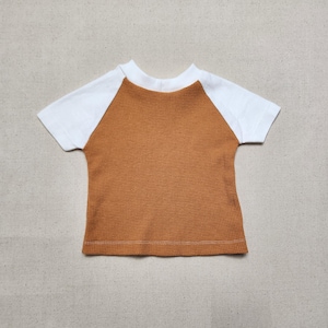 70s 80s Kids Infant Baby Vintage White Brown Mesh Waffle Thermal Fabric Raglan Short Sleeve Cute Design Single Stitch Tshirt / 3m 6m 9m