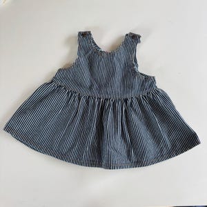 Vintage Please Mum Denim Jumper Dress 12M Hickory Stripe Pinafore Made in Canada Kidcore 1990s