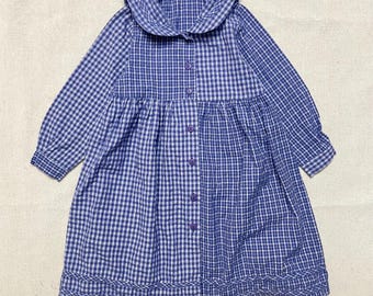 Vestido de algodón para niños pequeños, estilo vintage de los años 80 y 90, con diseño simétrico, cuadros, cuello chal abierto, cuello marinero, bonito, 3T, 4T, 5T, hecho en India.