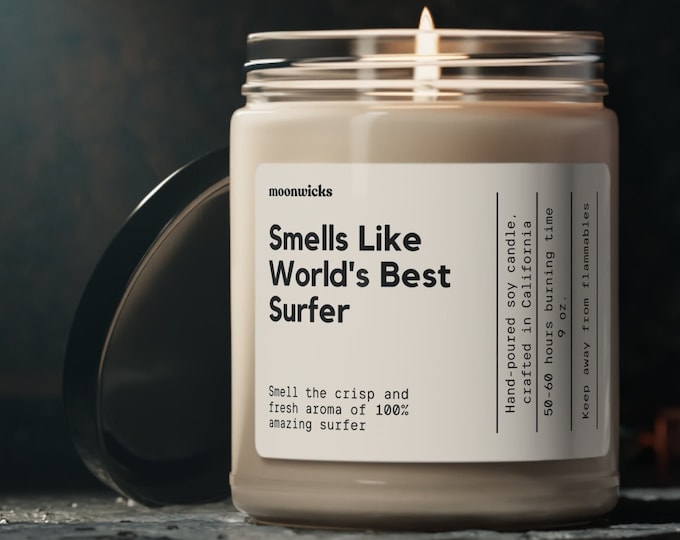 Smells Like World's Best Surfer Soy Wax Candle, Gift For Surfer, Surfing Decoration Candle, Funny Surf Gift, Eco Friendly 9oz. Candle Gift